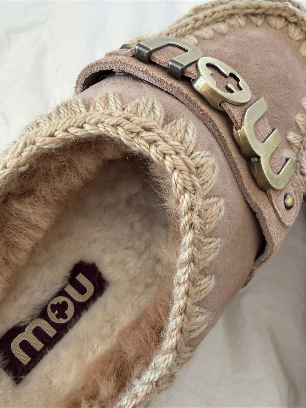 Mou womens Suede Shearling Slip-On platform with Gold Logo NWOT - Picture 8 of 8